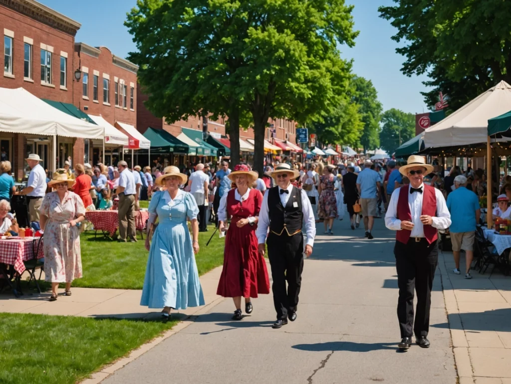 Festival-goers in Regency-era costume walking along a sunny downtown Tecumseh sidewalk past white tents