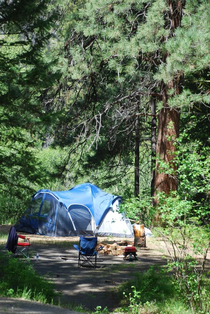 Campground tent in forest at evening