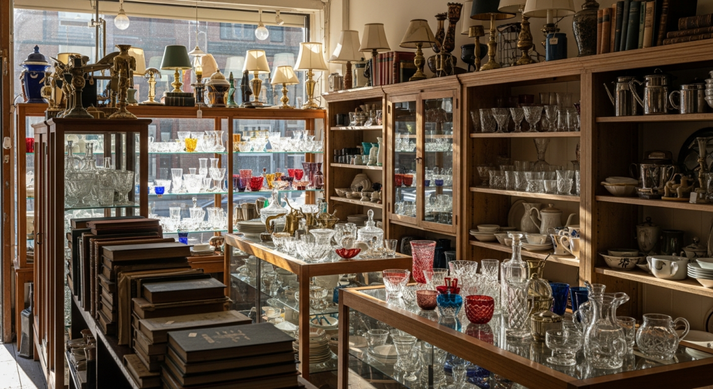 Interior of an antique shop in downtown Tecumseh, Michigan: glass cases of vintage glassware, brass lamps and old books in warm afternoon light