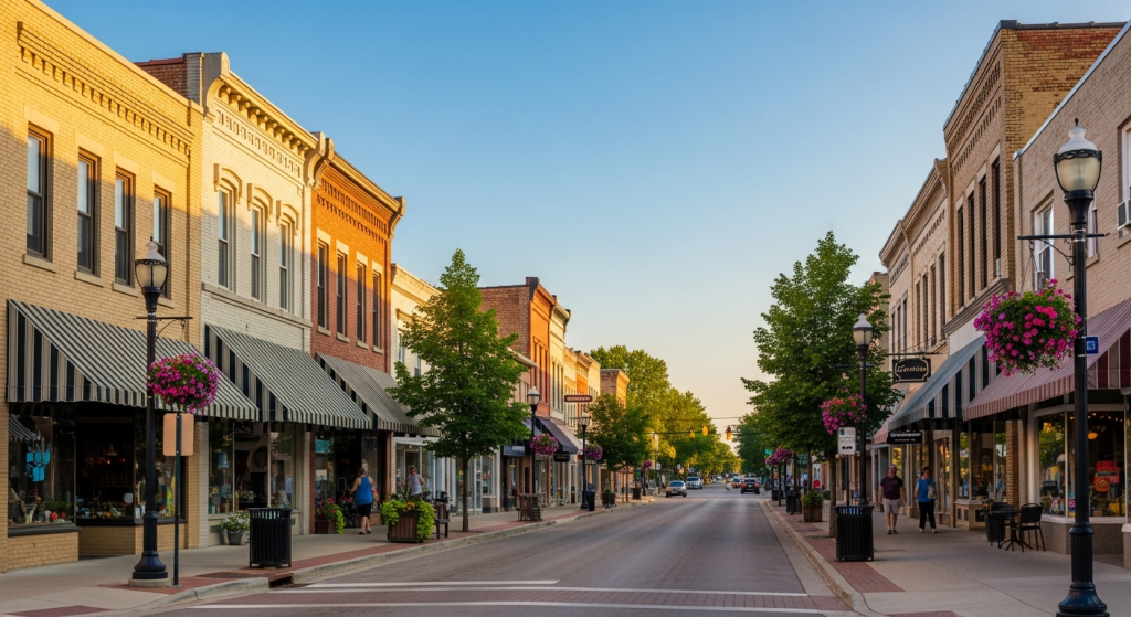 Downtown Tecumseh Michigan Chicago Boulevard storefronts on a sunny day