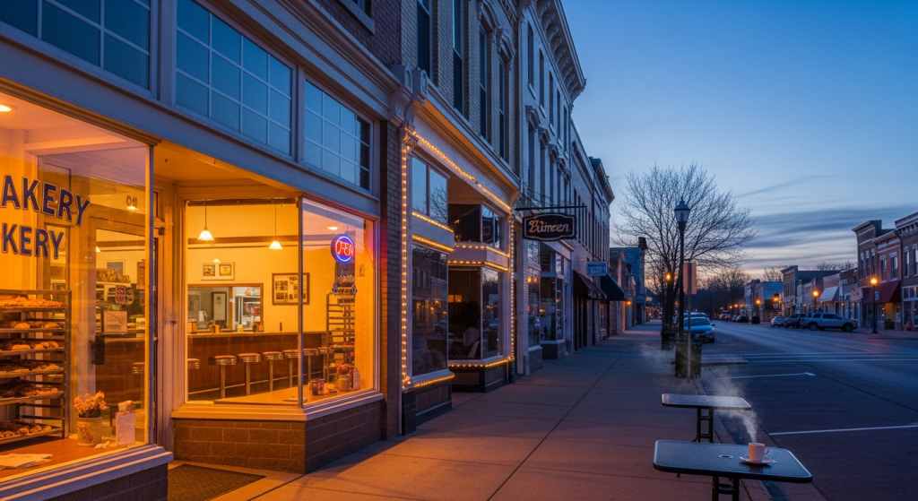 Early morning on Main Street in Tecumseh, Michigan with a lit bakery window before dawn