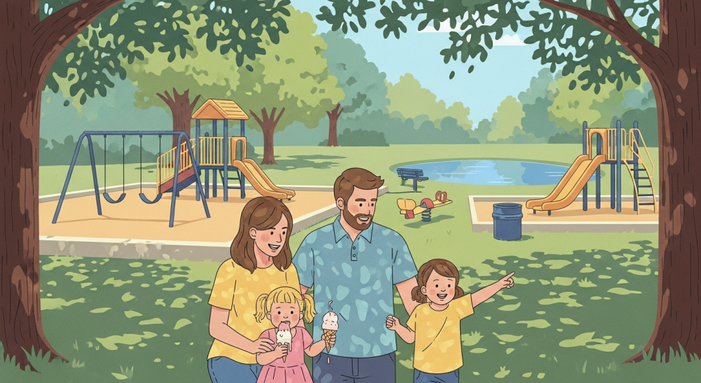 A family with young children at a Tecumseh, Michigan park with a playground, pond, and ice cream