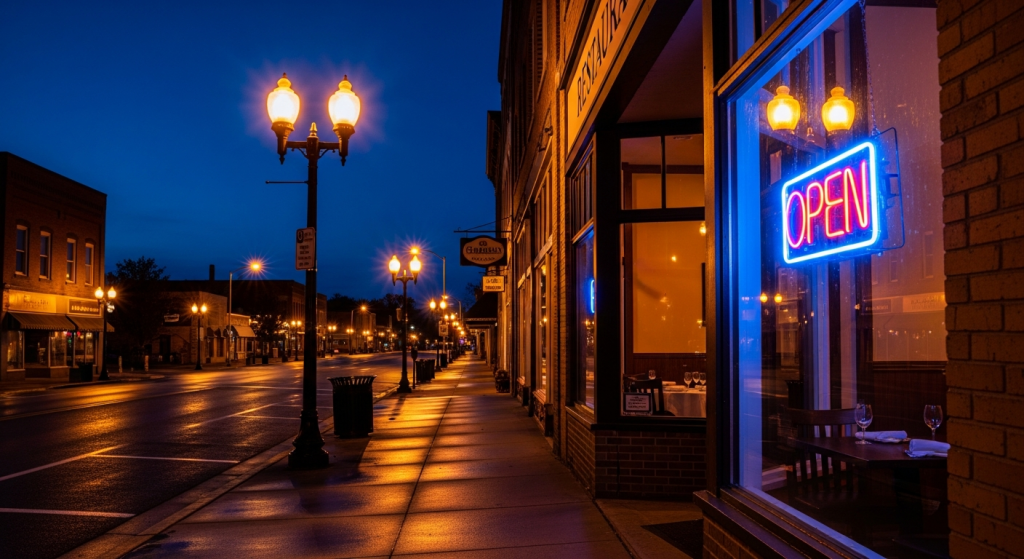 Warm lights glowing from restaurant windows on a quiet evening street in Tecumseh, Michigan, with a neon open sign and empty sidewalk