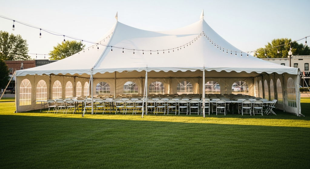 A white event rental tent with folding tables and chairs set up on a lawn near Tecumseh, Michigan on a summer evening