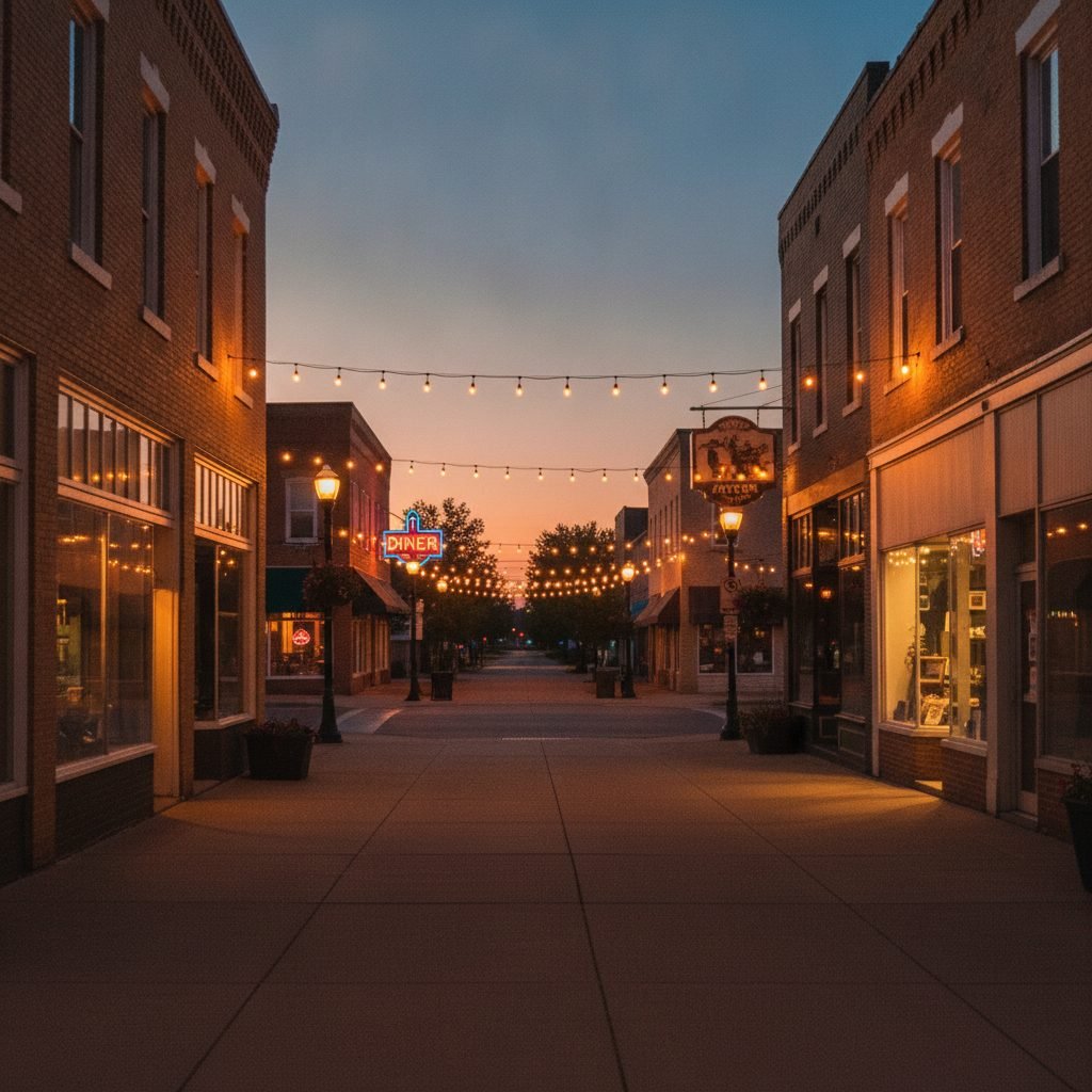 Downtown Tecumseh Michigan at dusk with lit restaurant and tavern windows