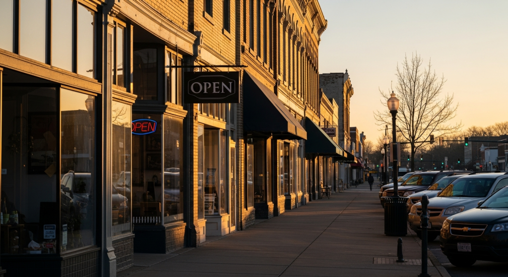 Open sign on a brick storefront on Chicago Boulevard in downtown Tecumseh, Michigan on a Monday morning